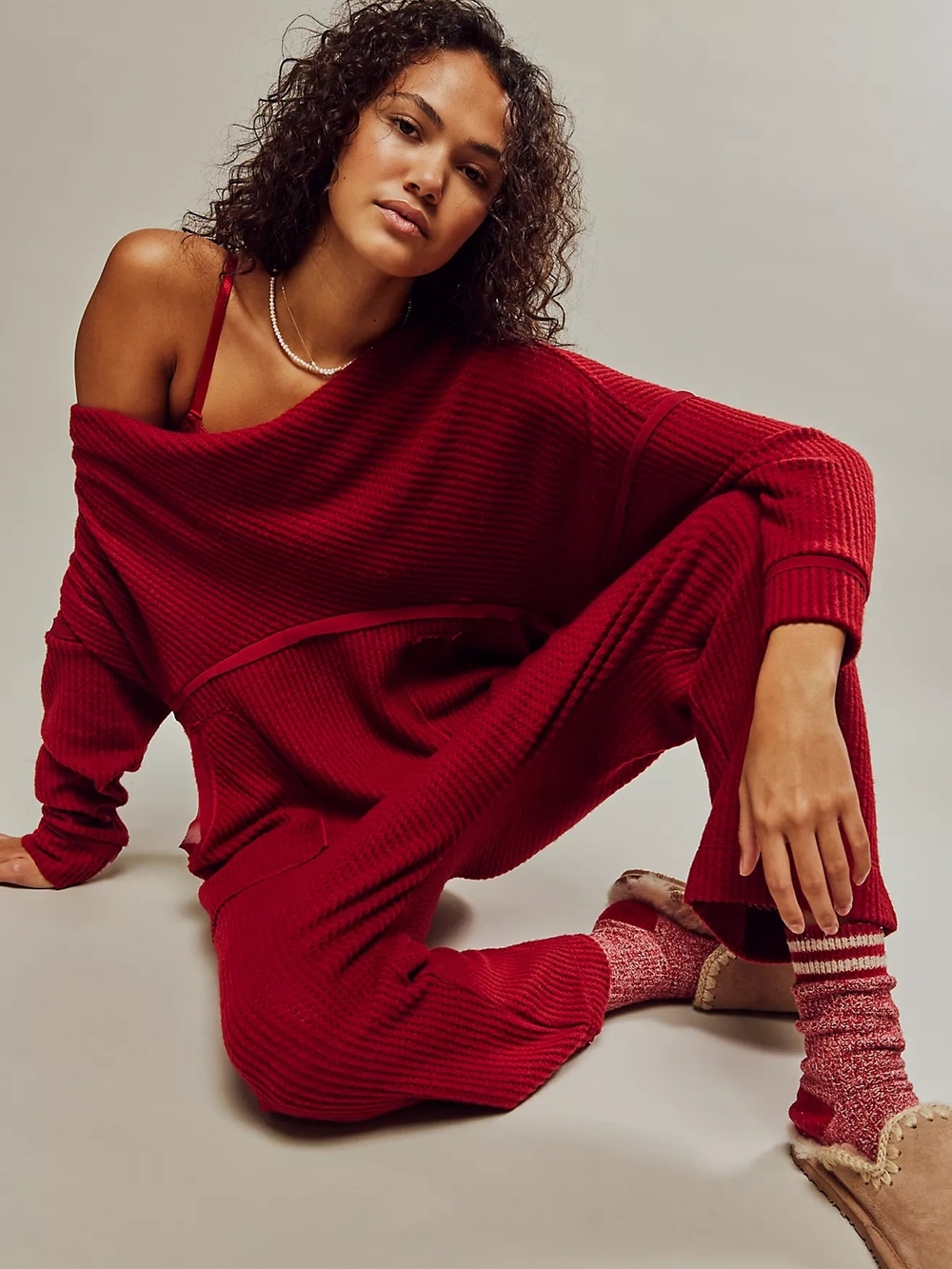 FP Movement by Free People Red Ribbed Jumpsuit